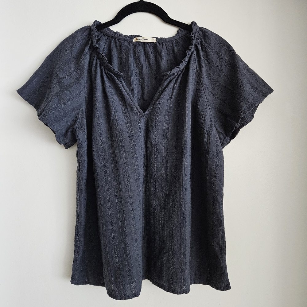 Marine Layer Lana 100% Cotton Navy Textured Splitneck Top Short Sleeve Sz Small - Picture 2 of 7